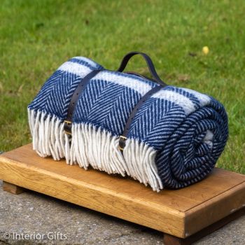 WATERPROOF Backed Wool Picnic Rug in Herringbone Navy Blue with Practical Carry Strap