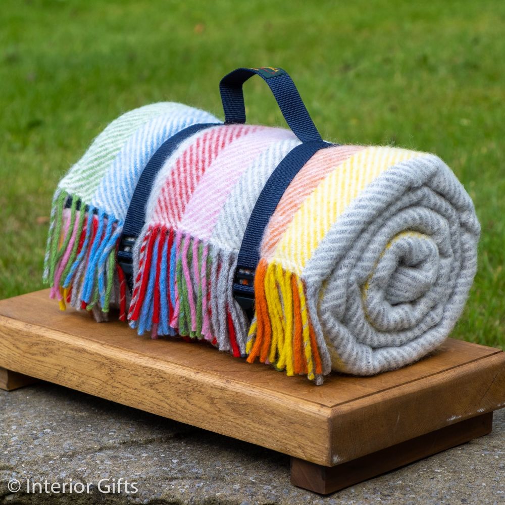 WATERPROOF Backed Wool Picnic Rug in Herringbone Multi Stipe with Practical
