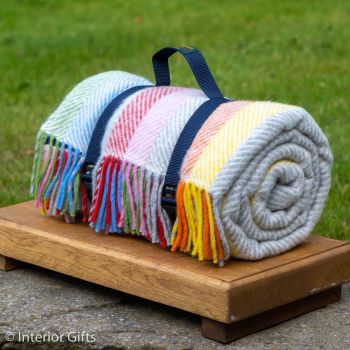 WATERPROOF Backed Wool Picnic Rug in Herringbone Multi Stipe with Practical Carry Strap