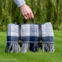 WATERPROOF Backed Wool Picnic Rug / Blanket in Country Navy & Grey Check with Leather  Carry Strap