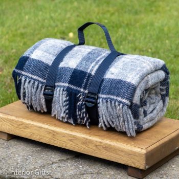 WATERPROOF Backed Wool Picnic Rug / Blanket in Country Navy & Grey Check with Webbing Carry Strap