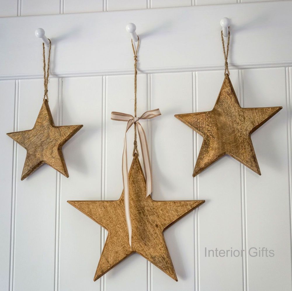 Vintage Wooden Stars In Natural Set Of 3 Large Solid Hanging Stars