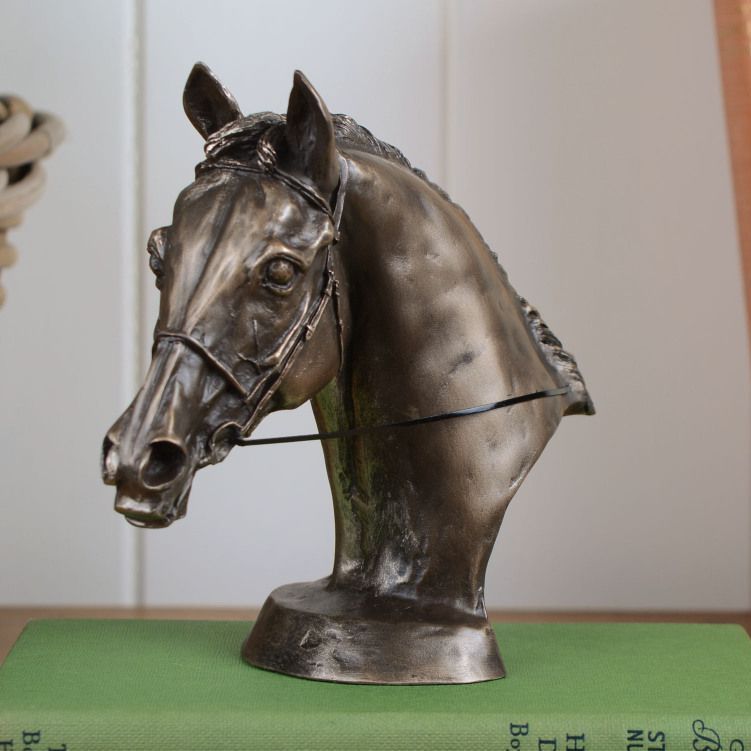 Bronze Sculpture Horse Head Bust Bridle & Reins