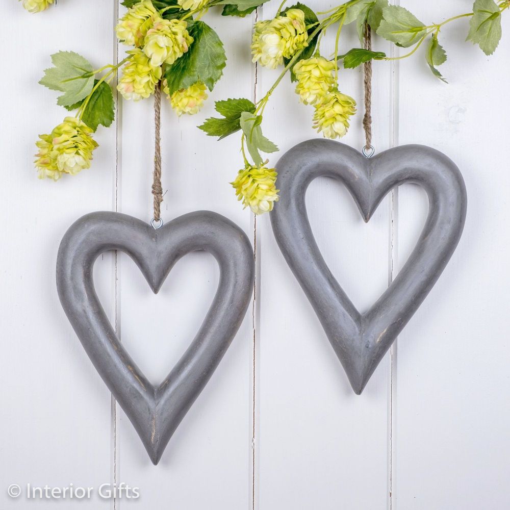 Two Decorative Grey Wooden Hanging Hearts - Medium