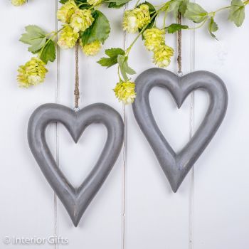 Two Decorative Wooden Grey Hanging Hearts - Medium