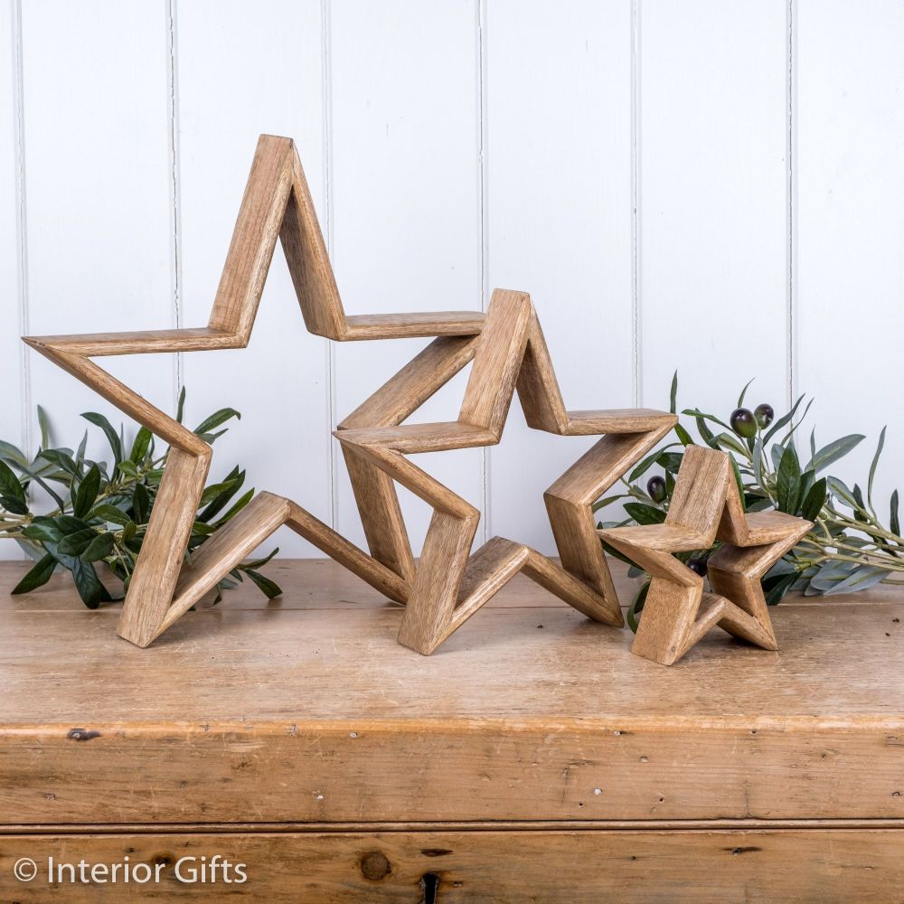 Mantlepiece Stars Retreat Home, three decorative wooden standing stars in  Natural with a rustic, distressed finish, 18SS46