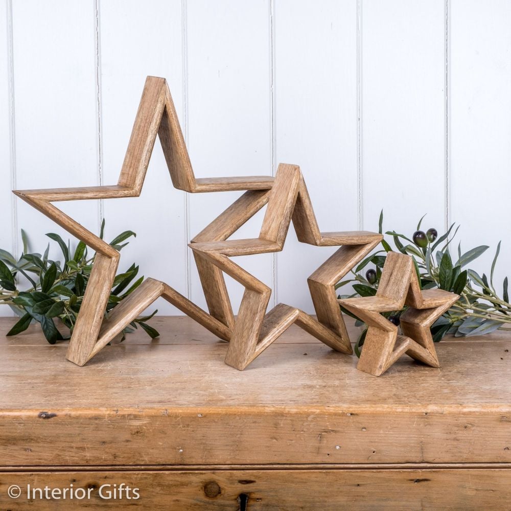 Three Decorative Rustic Wooden Standing Stars - Natural 