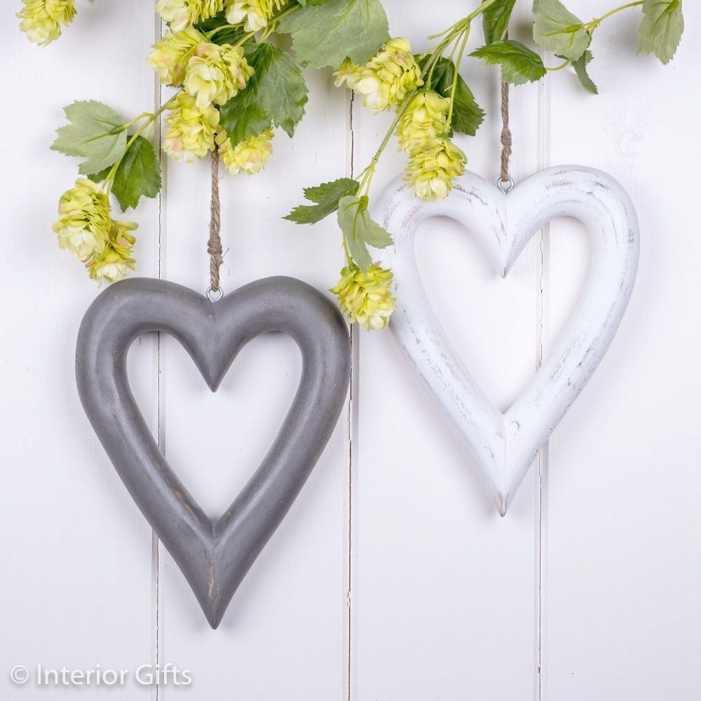 Two Decorative Grey & White Wooden Hanging Hearts - Medium