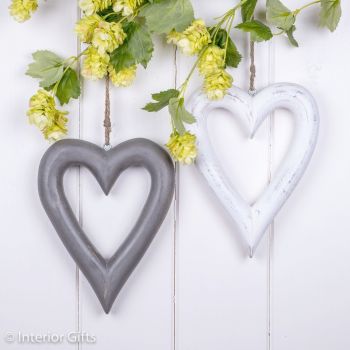 Two Decorative Wooden White & Grey Hanging Hearts - Medium