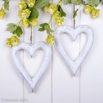 Two Decorative Wooden White Hanging Hearts - Medium