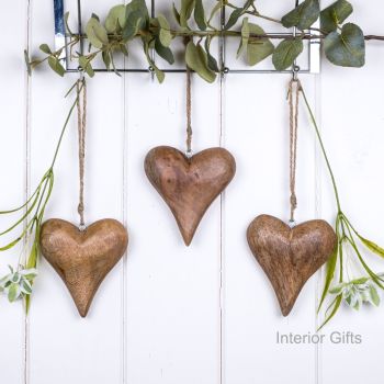 Three Decorative Solid Natural Wooden Hanging Hearts - small