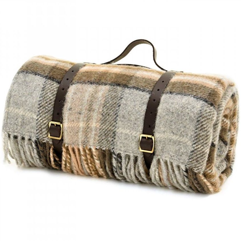WATERPROOF Backed Wool Picnic Rug / Blanket in Country Silver Grey & Beige