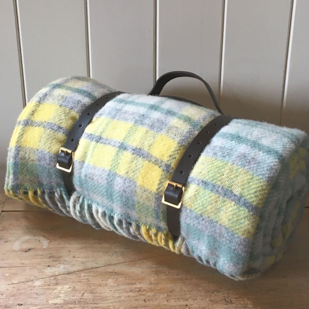 WATERPROOF Backed Wool Picnic DESIGNER Rug / Blanket Yellow & Green Multi  