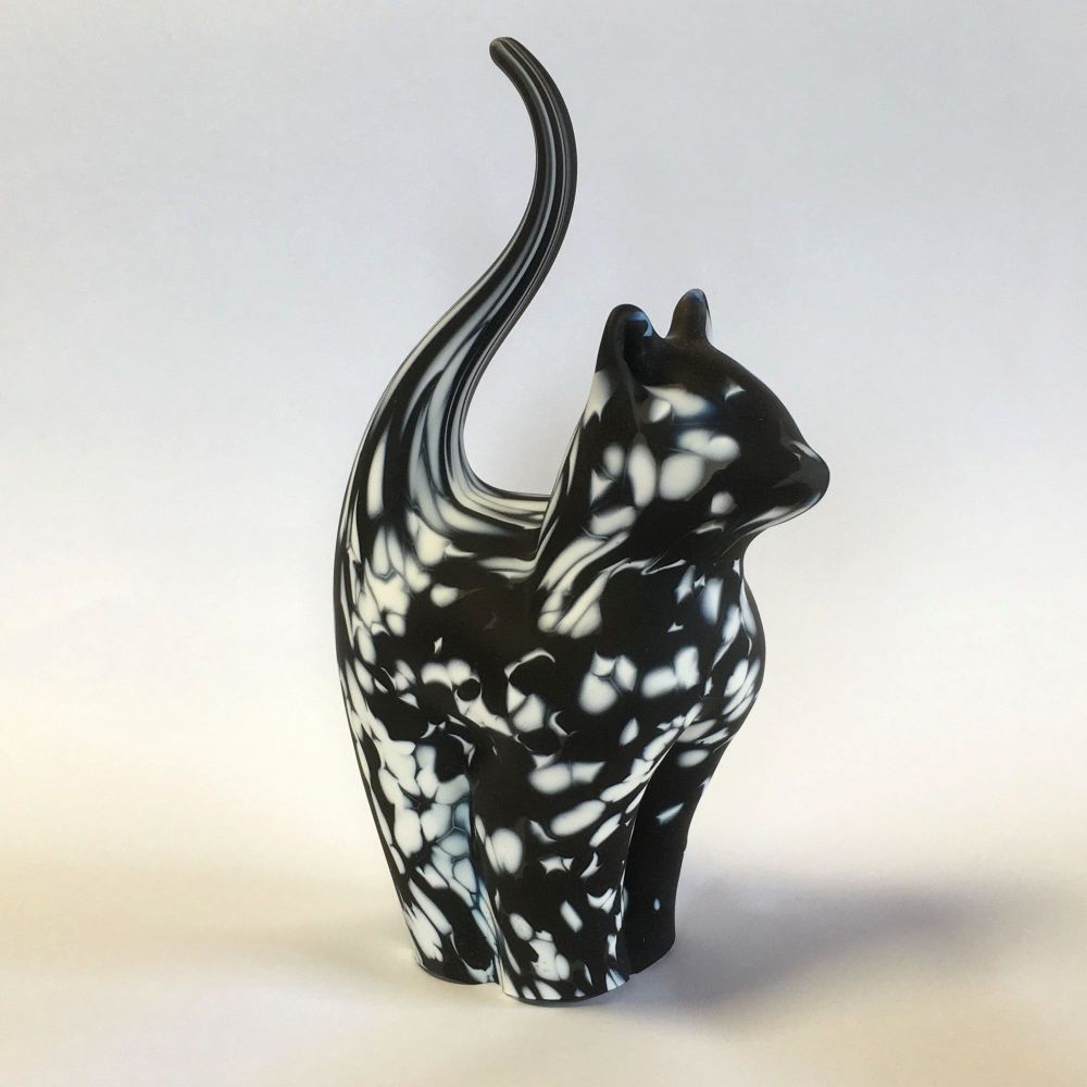 Glass Cat Sculpture Black & White Medium - Handmade