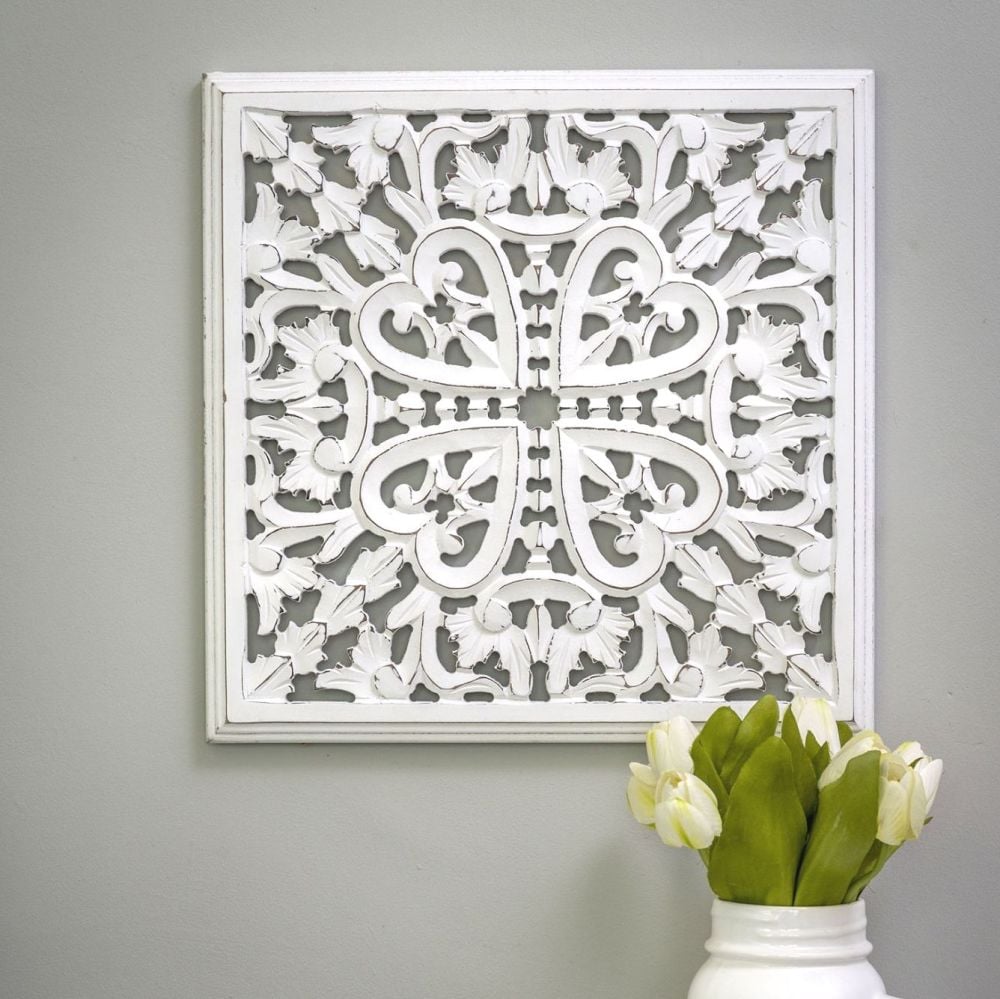 Hand Carved Decorative White Wooden Panel - Small