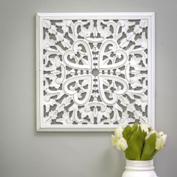 Hand Carved Decorative White Wooden Framed Edge Panel - Small