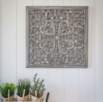 Hand Carved Decorative Grey Wooden Framed Edge Panel - Small