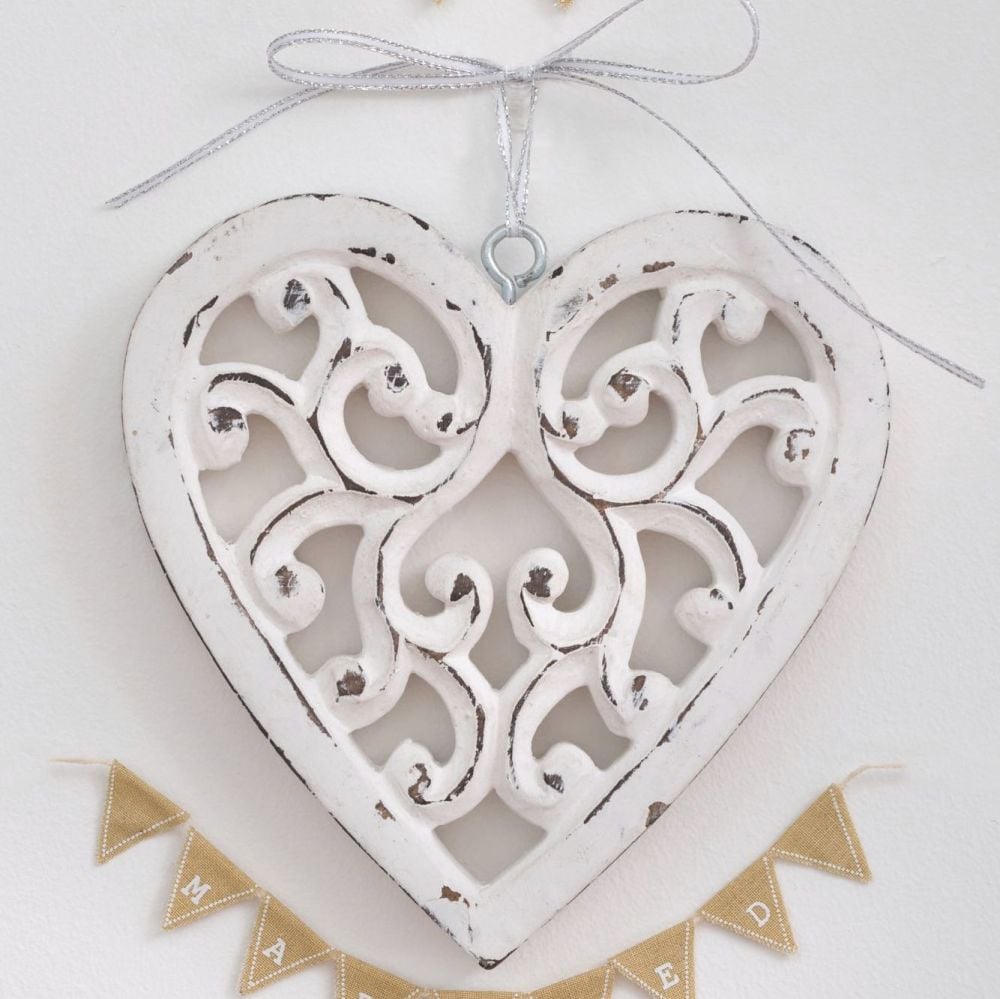 Two Small Carved White Wooden Hanging Hearts 