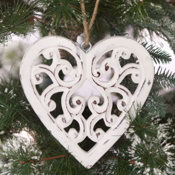 Two Small Carved White Wooden Hanging Hearts