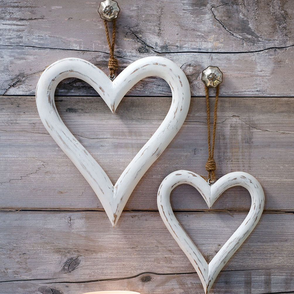 Pair of Decorative White Wooden Hanging Hearts - Large