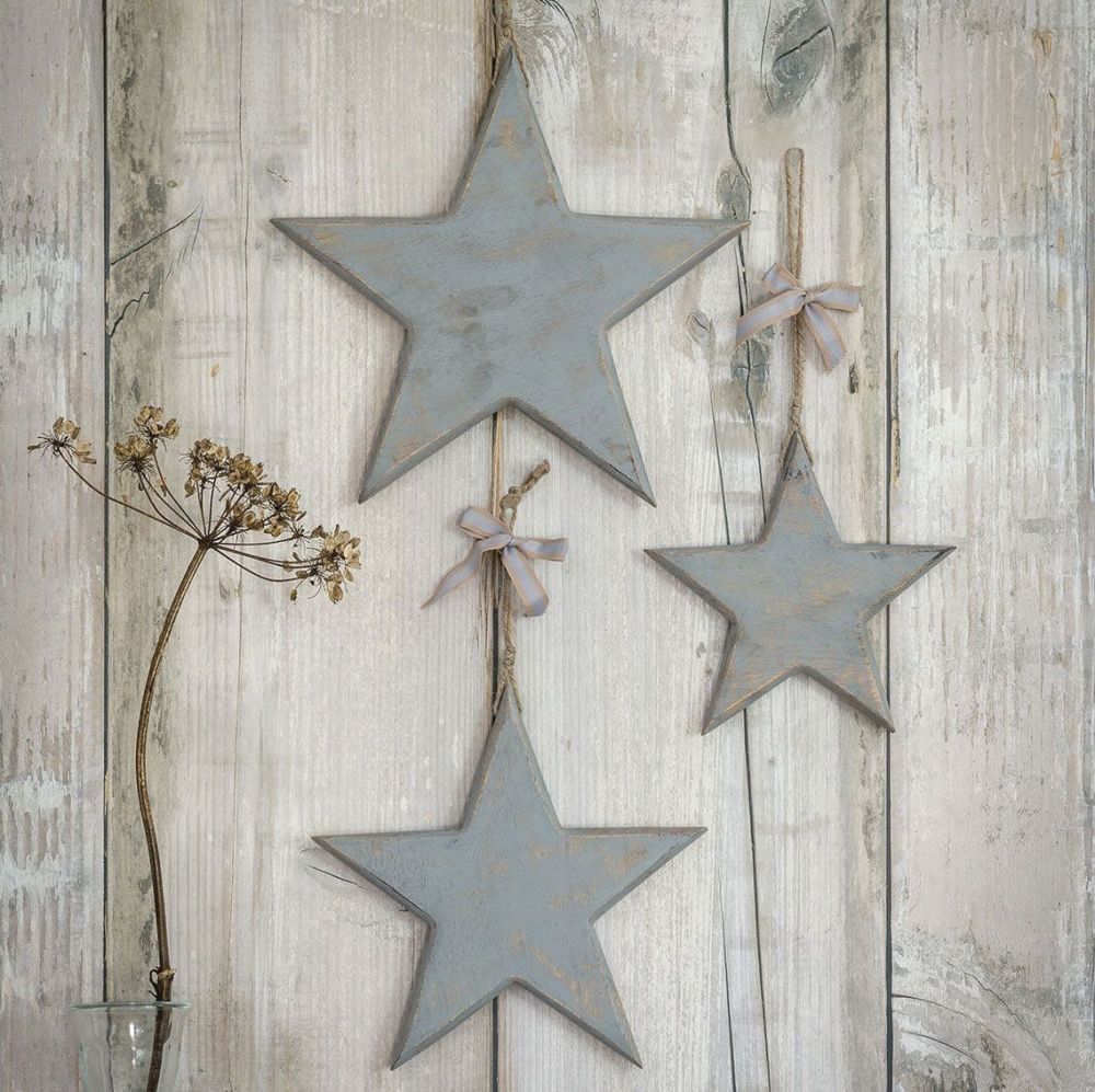 Three Decorative Large Grey Wooden Hanging Stars