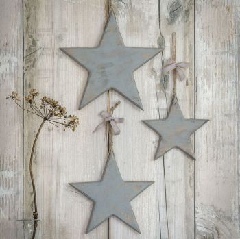 Three Decorative Grey Wooden Hanging Stars