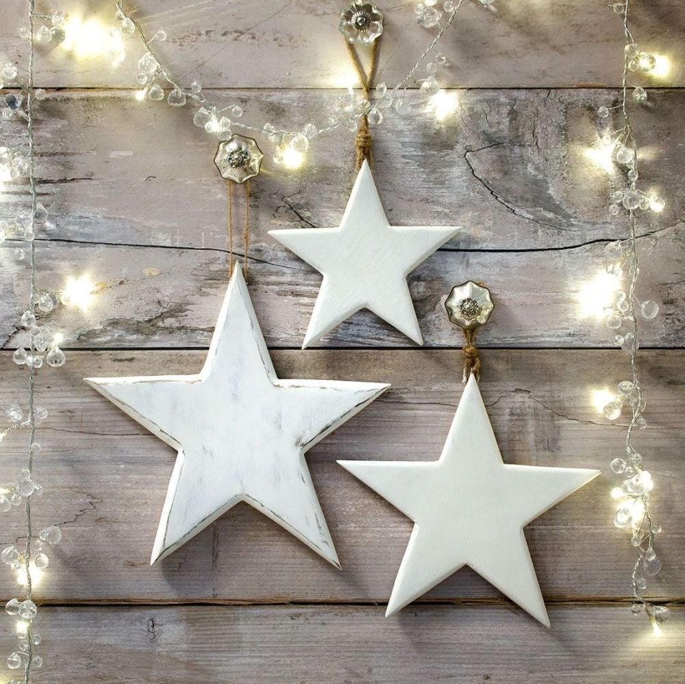 Three Decorative Large White Wooden Hanging Stars