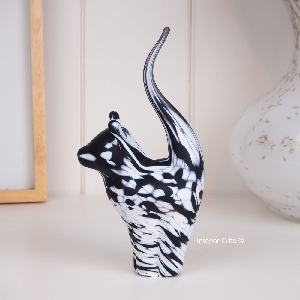 Glass Cat Sculpture Frosted White with Black Medium - Handmade