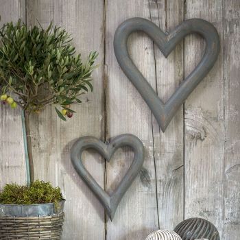 Pair of Decorative Grey Wooden Hanging Hearts - Large