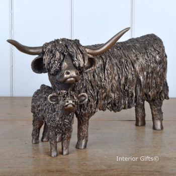 HIGHLAND COW AND CALF Standing  Frith Bronze Sculpture by Veronica Ballan