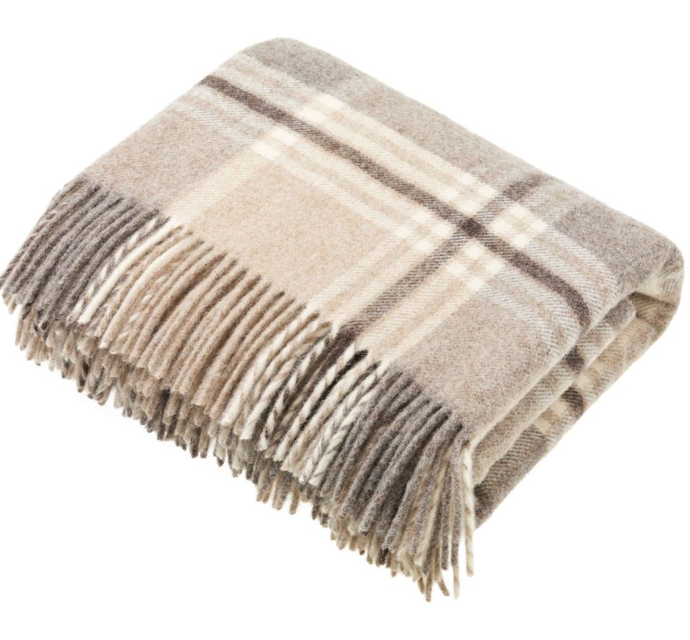 Bronte by Moon Heavyweight Pure New Wool Check Throw / Blanket - Beige Chec