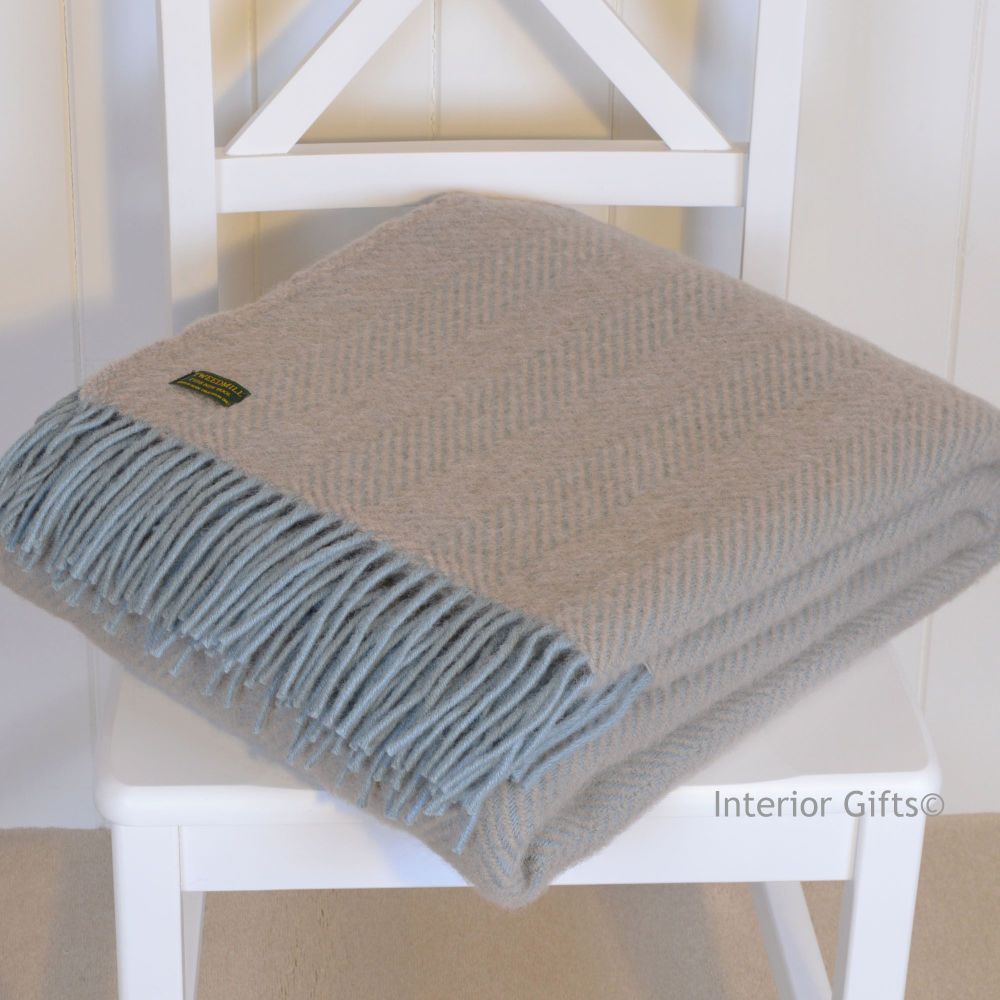 Tweedmill Duck Egg Blue & Beige Herringbone Knee Rug or Small Blanket Throw