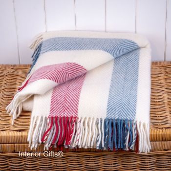 Tweedmill Herringbone Stripe Berry/Blue/Grey/Cream Knee Rug or Small Blanket Pure New Wool