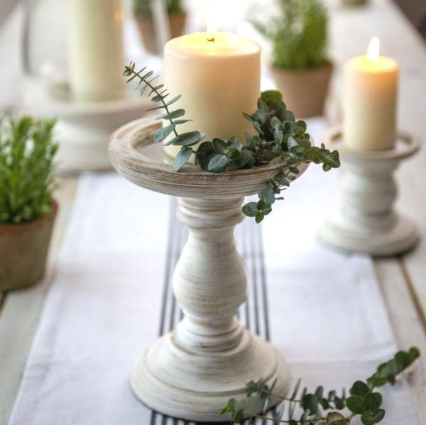 Wooden Candle Holder White Rustic - Large