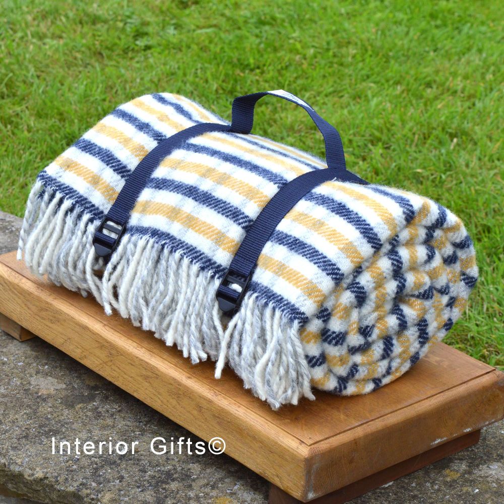 WATERPROOF Backed Wool Picnic Rug in Blue/Yellow Check with Practical Carry