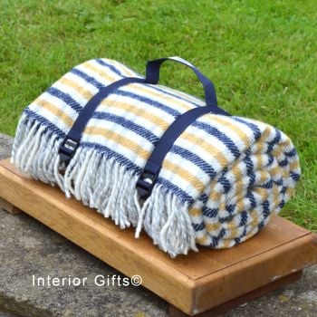 WATERPROOF Backed Wool Picnic Rug in Blue/Yellow Check with Practical Carry Strap