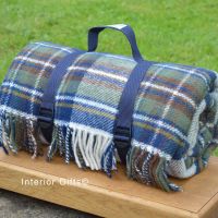 WATERPROOF Backed Wool Picnic Rug / Blanket in Classic Country Blue Check with Webbing Carry Strap
