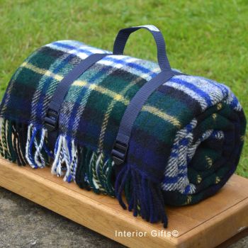 WATERPROOF Backed Wool Picnic Rug / Blanket in Classic Country Plaid Check with Webbing Carry Strap
