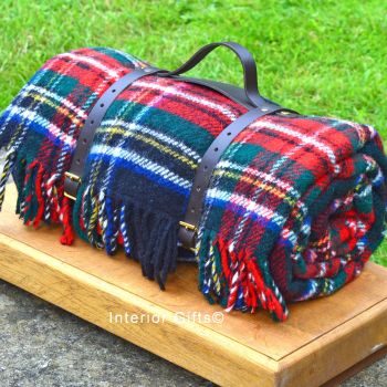WATERPROOF Backed Wool Picnic Rug / Blanket in Classic Country Red Check with Leather Carry Strap