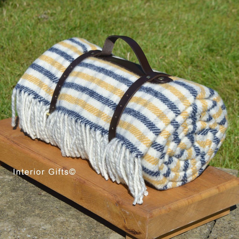 WATERPROOF Backed Wool Picnic Rug in Blue/Yellow Check with Leather Carry S