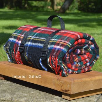 WATERPROOF Backed Wool Picnic Rug / Blanket in Classic Country Red Check with Practical Carry Strap