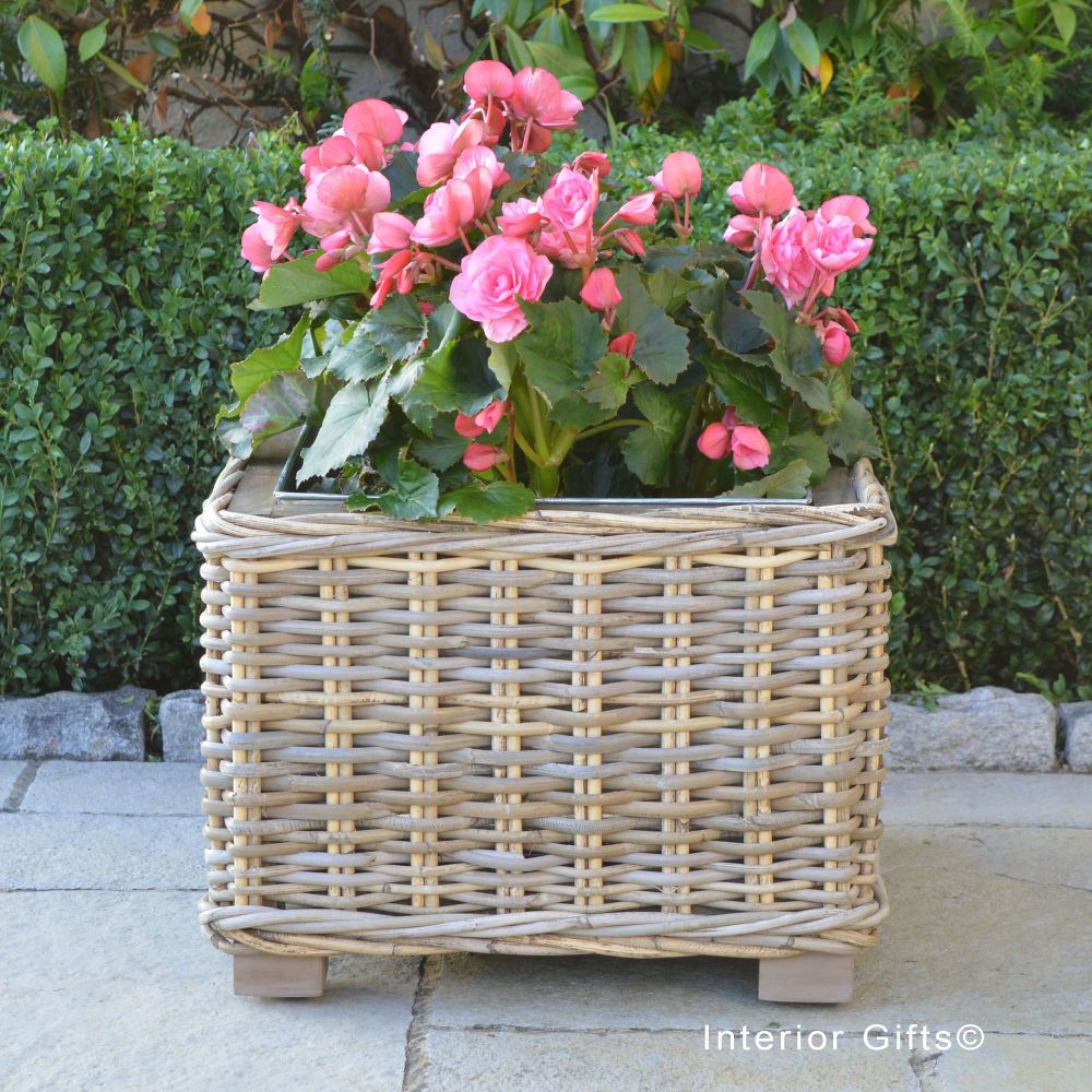 Rattan Square Garden Planter with Metal Liner, in Large, Grey & Buff  Natural Wicker Plant Pot or Flower Pot perfect for Garden, Terrace or Patio