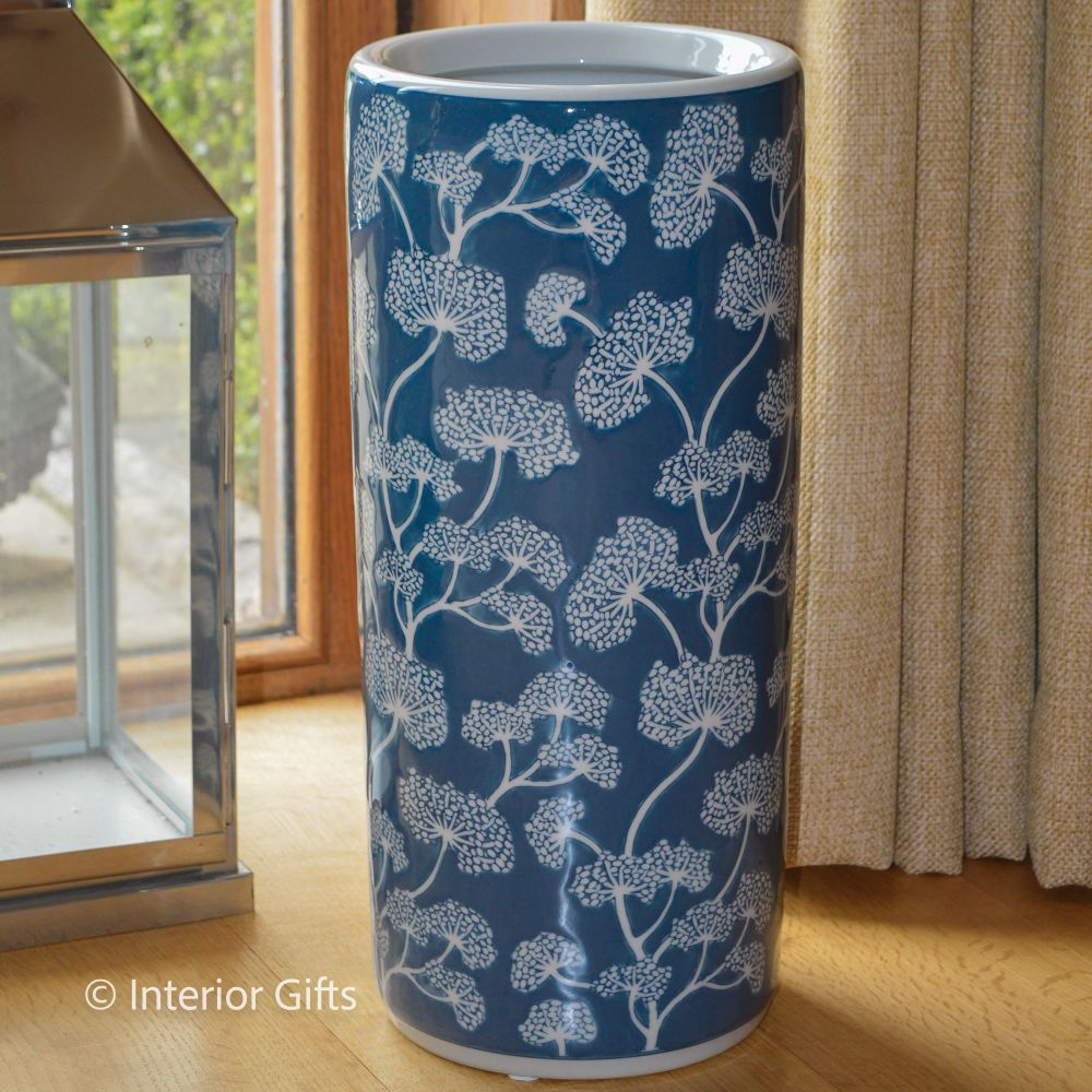 Ceramic Umbrella Stand in Botanical Blue and Cream