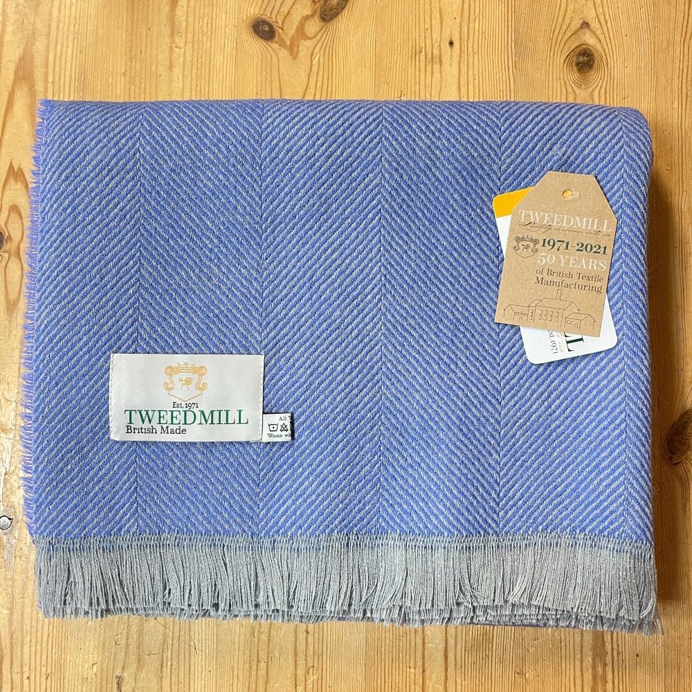 Tweedmill Recycled Herringbone Throw - Lightweight Blanket / Rug in Sky Blu
