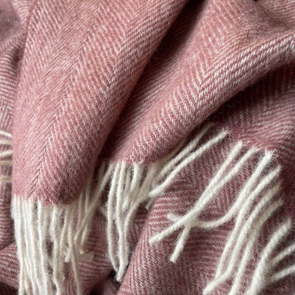 Dusky Pink & Cream Herringbone Pure New Wool Throw Blanket