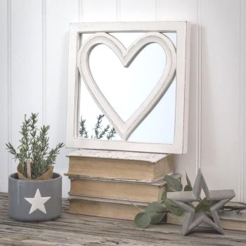 White Heart Mirror - Hand Carved Decorative White Wooden Mirror with Square Frame