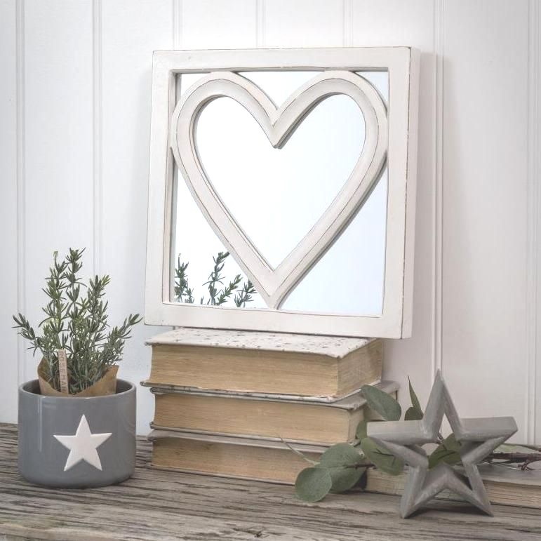 White Heart Mirror - Hand Carved Decorative White Wooden Mirror with Square