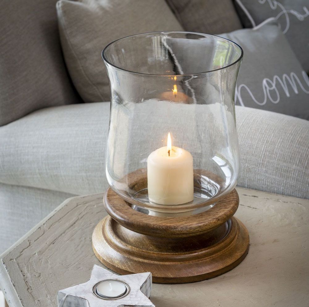 Natural Wood & Glass Hurricane candle holder - Large