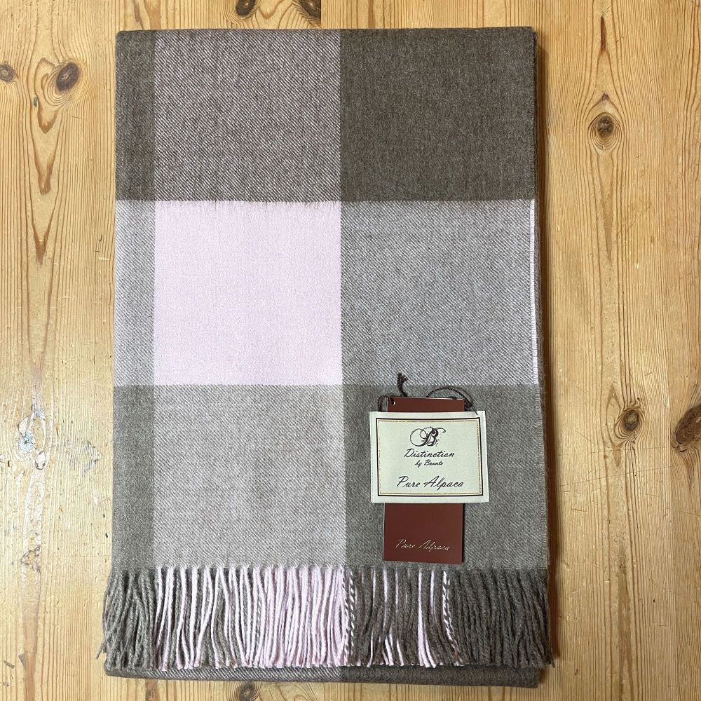 BRONTE by Moon Pure Alpaca Throw Square Check Chocolate & Pink