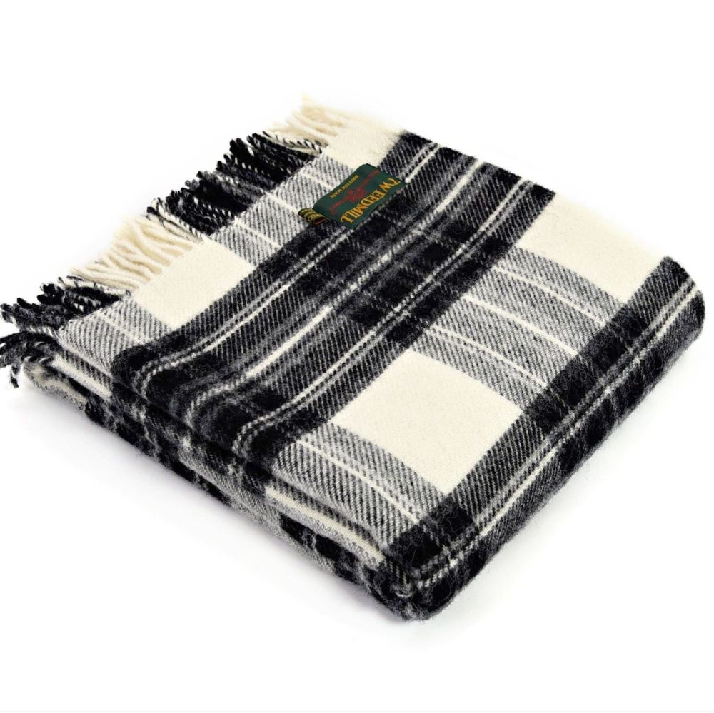 Wool Tartan Throw Tweedmill Grey Dress Stewart Check Plaid Pure New
